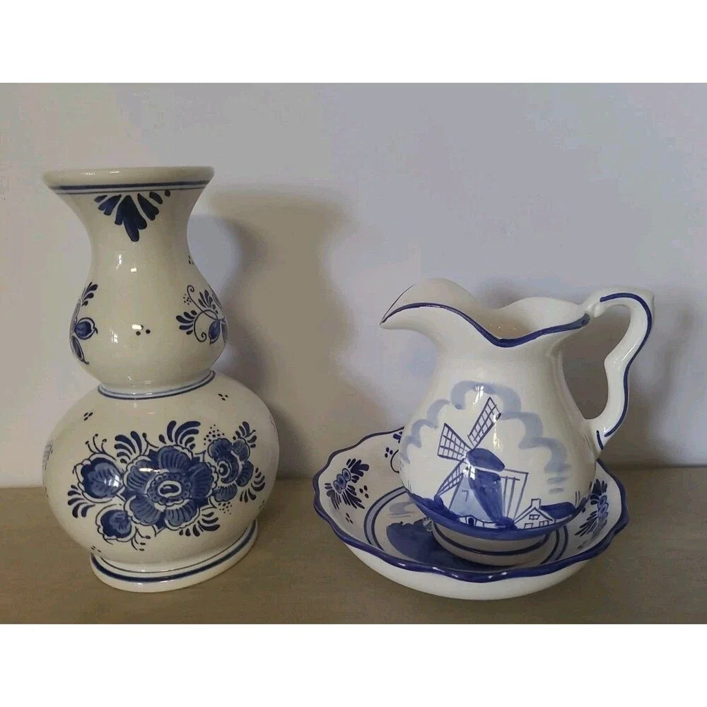 3 Piece Lot Handpainted Delft Blue Pottery Vase Bowl Pitcher Windmill Holland